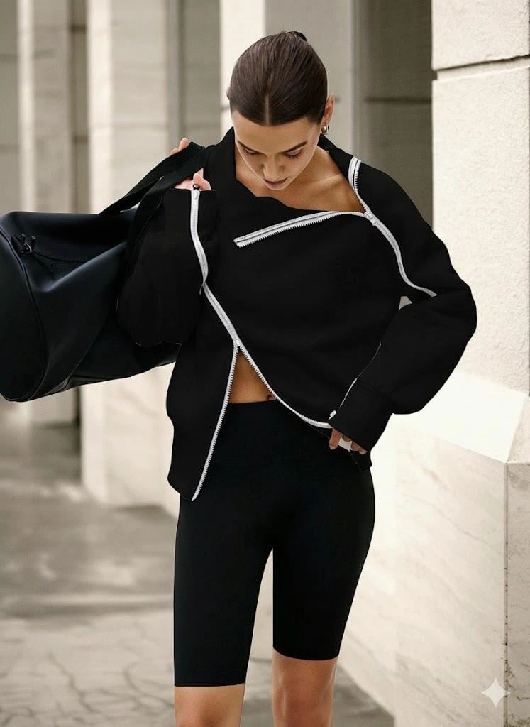 Siyah Kadın Yüksek Yaka Komple Fermuarlı Sweatshirt Spor Ve Günlük Şık Oversize Model Siyah