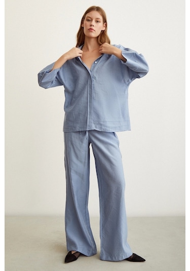 Never More Yarasa Kol Keten Gömlek Mavi