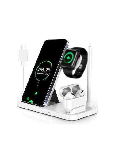Maiyame Beyaz Abd Standartlı Qı Onaylı Dört İşlevli Kablosuz Şarj Cihazı - İphone, Saat, Kulaklık Ve Kalem İçin Uyumlu