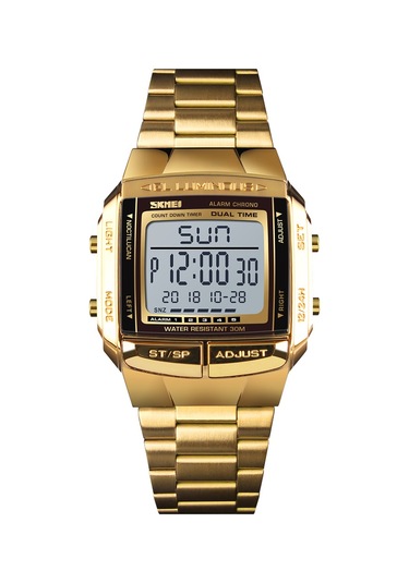 Dofolink Skmeı Erkek Kol Saati 3atm Su Geçirmez Çift Zaman 5 Alarm Güneşışığı Stopwatch Multifonksiyonlu Paslanmaz Çelik Kordon Gold