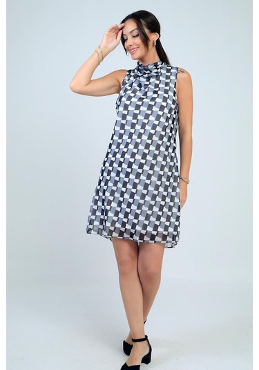 Kadın Degaje Yaka Astarlı Desenli Kısa Şifon Elbise-41786 Siyah