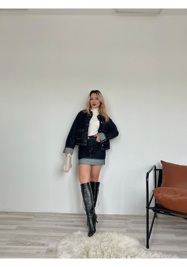 Keymoda Kadın Denim Etek Ceket Takım Mavi Mavi