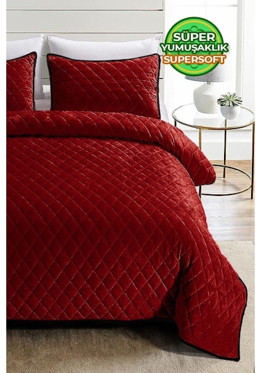 Evlen Home Kapitone Kadife Yatak Örtüsü Seti Tek Kişilik Supersoft 2 Parça Yumuşak Elyaf Dolgulu Kırmızı Kırmızı