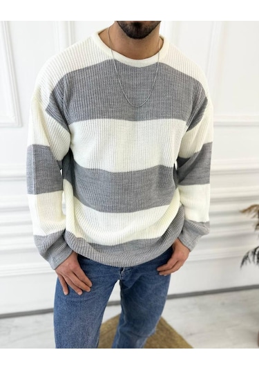 Kazak Oversize Tüylenmez Naturel Pamuk Örme Triko Kazak Gri