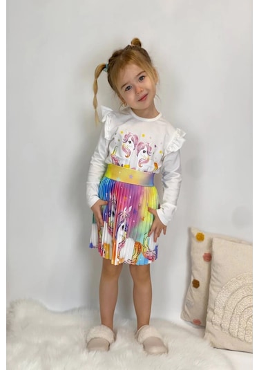 Unicorn Desenli Renkli Kız Çocuk Etekli Takım Kahverengi