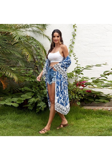 Kadın Plaj Baskılı Şal Tatil Bikini Güneş Korumalı Pareo Siyah