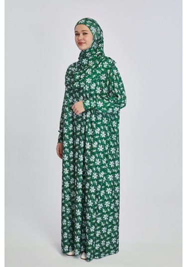 Pratik Tek Parça Manolya Desenli Namaz Elbisesi Zümrüt Zümrüt Yeşili