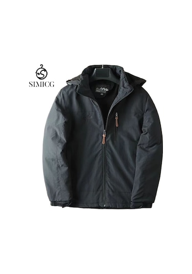 Erkekler İçin Rahat, Bol Kesimli, Sonbahar Ve Kışlık, Dış Mekan Polar Astarlı, Şapkalı Pamuklu Ceket Siyah