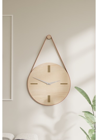 Dekoratif Deri Askılı Ahşap Duvar Saati Naturel