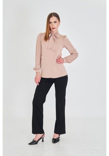 Büzgü Kol Fularlı Gömlek Vizon Vizon