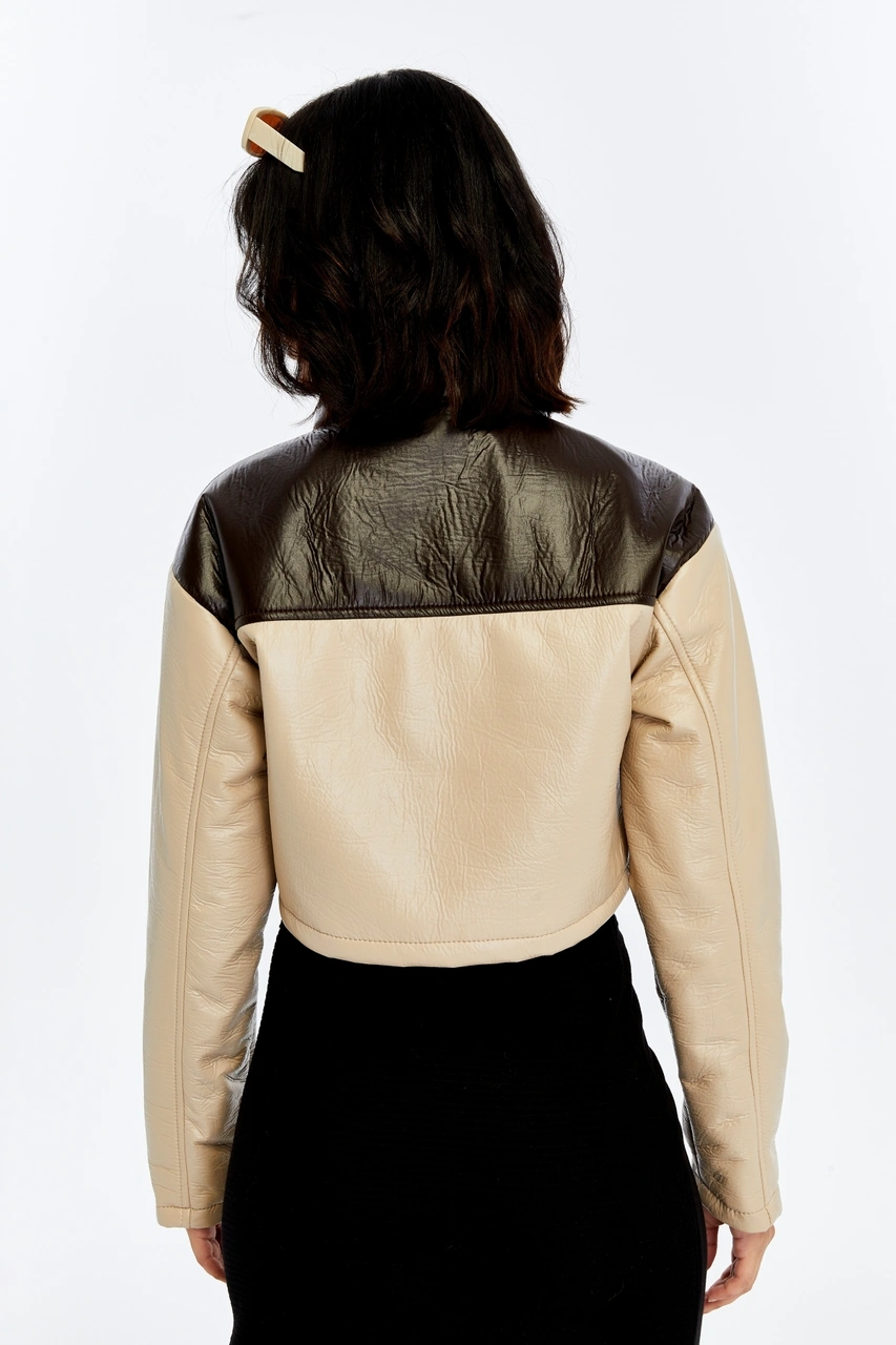 Kadın Puf Deri Ceket Garnili Crop Mont Niş Tasarım Özgün Günlük Baskılı Rahat Kullanım Ceket Bej