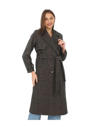 Kadın Balık Sırtı Yünlü Dokuma Kaşe Kaban Kruvaze Yaka, Kuşaklı, Cepli, Astarlı Uzun Boy Tesettür Kahverengi Kadın Balık Sırtı Yünlü Dokuma Kaşe Kaban Kruvaze Yaka, Kuşaklı, Cepli, Astarlı Uzun Boy Tesettür Kahverengi