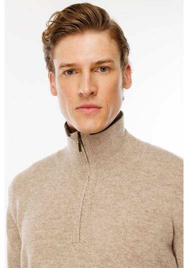 Erkek Fermuarlı Yaka Klasik Yün Kazak K.bej K.bej