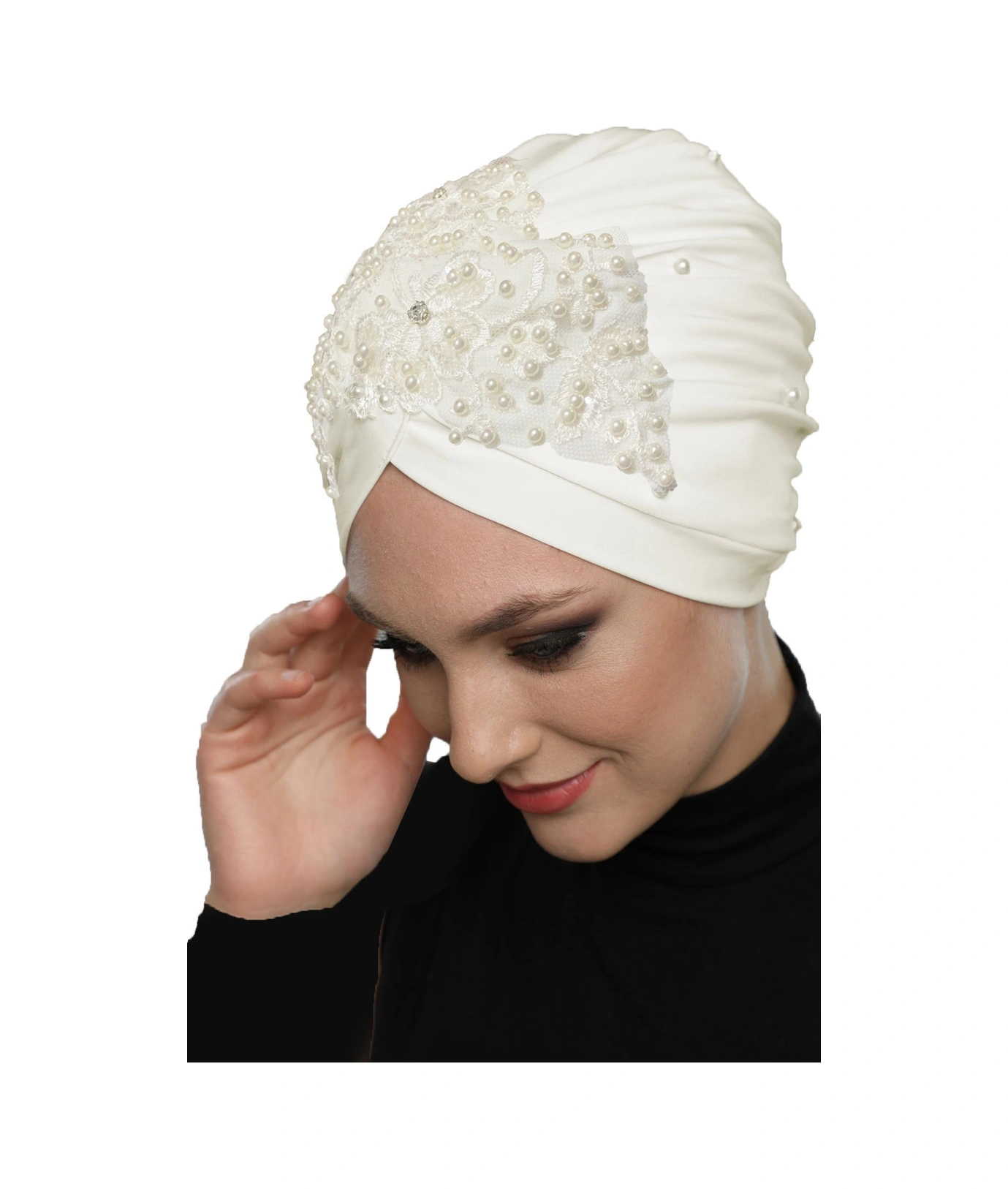 Kopma Astarlı İşlemeli Krem Çiçek Dantel Motifli Hazır Türban Tesettür Abiye Bone Krem-çiçek