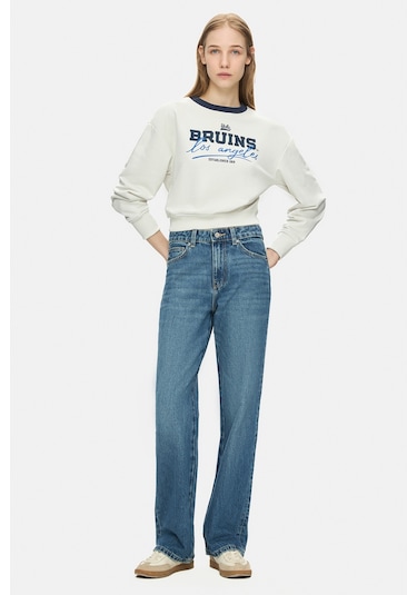 Ucla Mello Kemik Rengi Bisiklet Yaka Crop Baskılı Loose Fit Kadın Sweatshirt Kemik Rengi