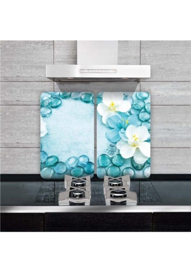 Dekoratif Cam Ocak Koruyucu ve Kesim Tahtası Mavi Taşlar 60Cm X 5