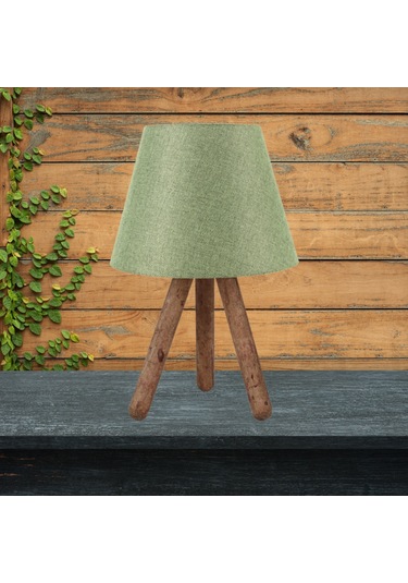 Tasarım Üç Ayaklı Ahşap Abajur Yeşil Kumaş Başlık Yatak Odası Salon Oturma Odası Yeşil