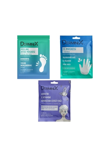 Derminix Nemlendirici El Maskesi + Keratin & E Vitamini & Hindistan Cevizi Yağı Bone Saç Maskesi + Peeling Ayak Maskesi 3'lü