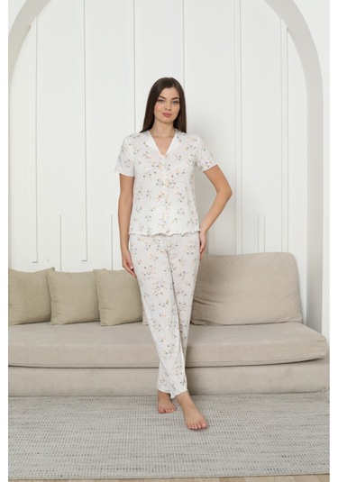 Kadın Örgü Kumaş Blue Flower Pattern Kısa Kol Pijama Takımı Sarı