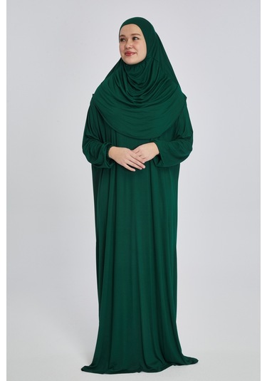 Pratik Başörtülü Rahat Giyilebilen Organik Tek Parça Namaz Elbisesi Zümrüt Zümrüt Yeşili