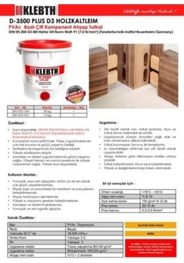 Klebth D-3500 Plus Ahşap Tutkalı 12Kg