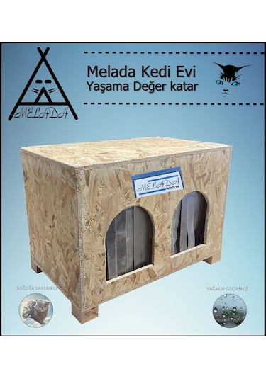 Melada Kedi Evi Dış Ortam Uygun Ahşap Kedi Evi Double Osb 61x41x36 Cm