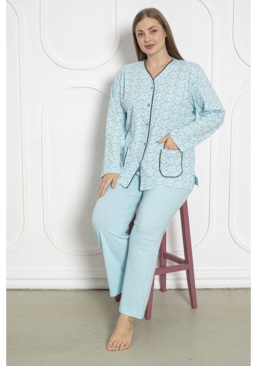 %100 Pamuklu Uzun Kollu Boydan Düğmeli Büyük Beden Kadın Pijama Takımı 206 Yeşil