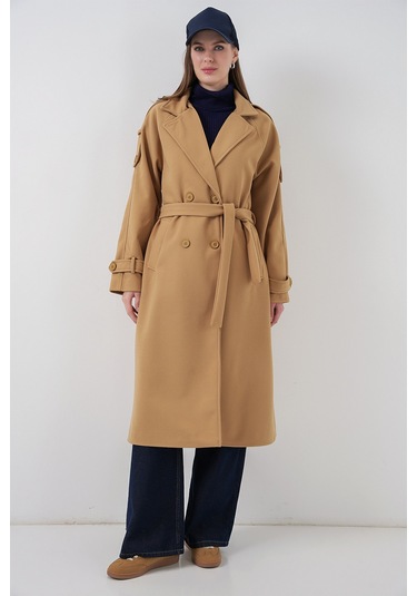 Kadın Kuşaklı Kaşe Kaban 9161 - Hardal Hardal