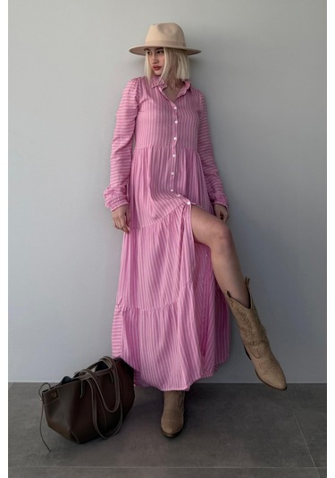 Madmext Pembe Çizgili Düğmeli Uzun Elbise Mg2392 Pembe