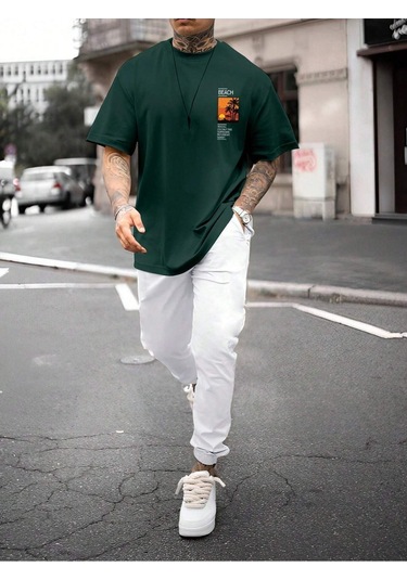 Beach T-shirt Eşofman Altı Jogger - Nefti Yeşil Beyaz Baskılı Eşofman Takımı Oversize Bisiklet Yaka Nefti Yeşil Beyaz