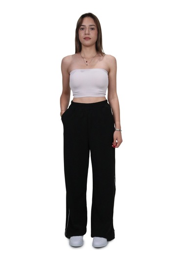 Kadın Modal Kumaş Kontrast Detaylı Siyah Düz Kesim Pantolon Siyah