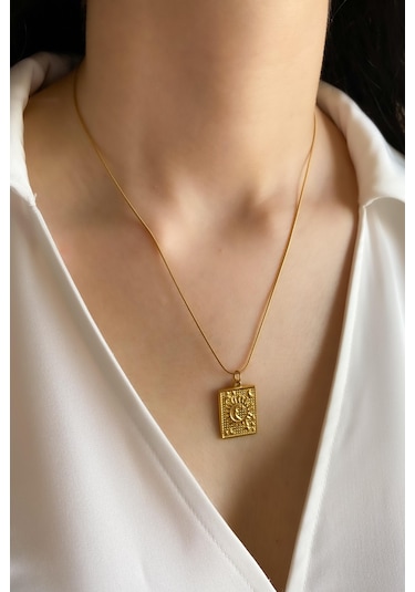 Kadın Çelik Kolye Ay-güneş Detay Kolye Altın