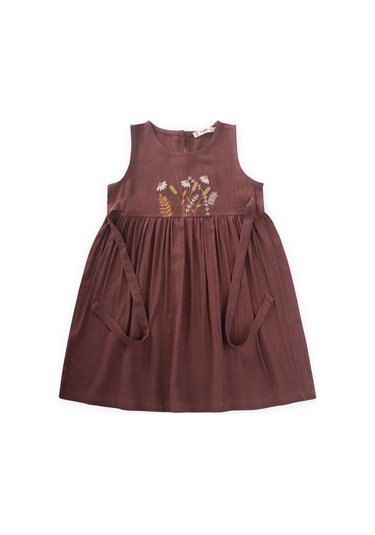 Cigit Nakışlı Yandan Bağlamalı Keten Elbise 2-7 Yaş Mürdüm MÜRDÜM