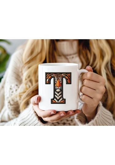 T Harfi Kaplan Figürlü Nakış Desenli Kupa Bardak - Kişiye Özel Vahşi Hayvan Desenli Kupa - Hediye Beyaz