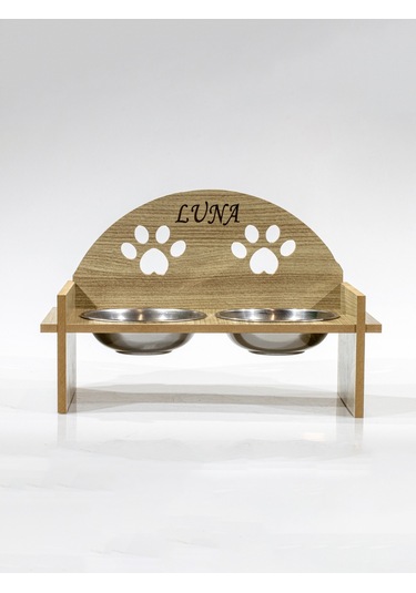 Oval Pati Desenli Ahşap İkili Çelik Kaseli Kedi Su ve Mama Kabı