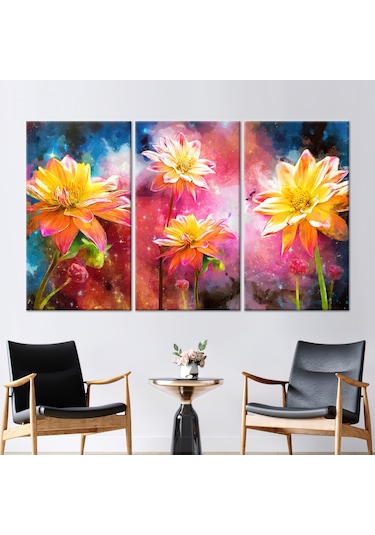 60x120cm 3 Parçalı Kanvas Tablo, Sarı Çiçek Boyama