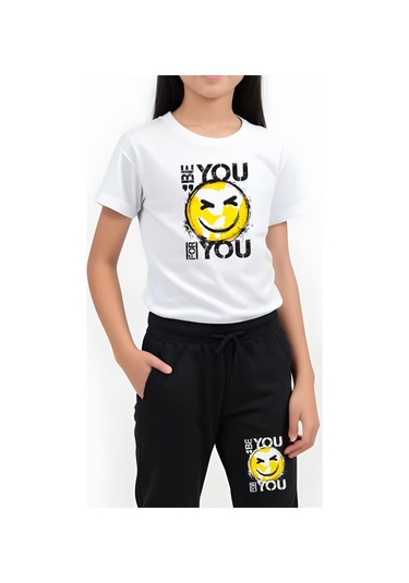 Be You Emoji Baskılı Kız Çocuk Tişört Ve Eşofman Alt-üst Takım Beyaz