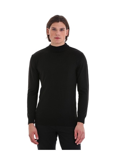 Hatemoğlu Siyah Regular Fit Düz Yarım Balıkçı Yaka Yünlü Triko Kazak Siyah