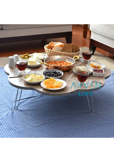 Arvenlive Sütlü Kahve Mermer Desenli Ahşap Katlanabilir Papatya Yer Sofrası