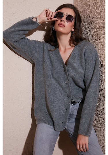 Lela Regular Fit V Yaka Düğmeli Triko Bayan Hırka 4616229 Antrasit