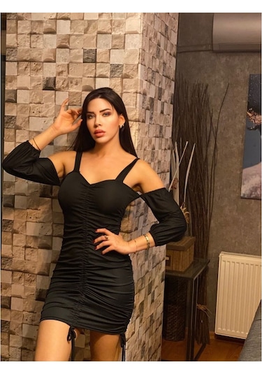 Büzgü Detaylı Kollu Kadın Mini Elbise