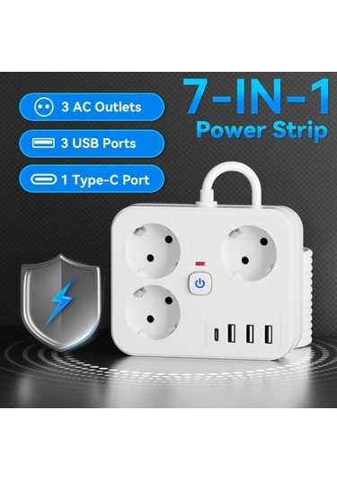 Motion003 7si 1 Arada Guc Seridi 3 Ac Cikisi 3 Usb 1 Tip C Asiri Yuk Korumasi Duvara Monte Beyaz 1524cm