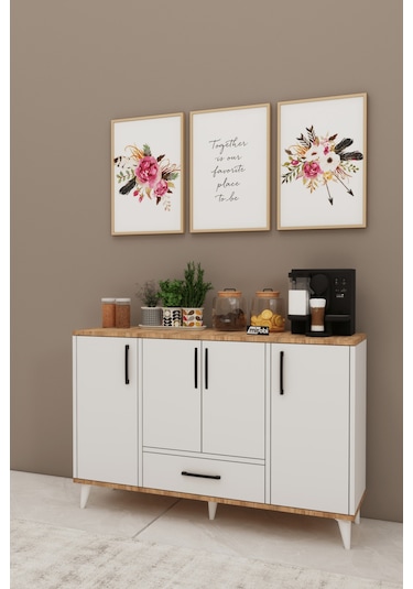 Nedudo Kahve Köşesi Çok Amaçlı Dolap 4 Kapaklı 1 Çekmeceli Kiler Mutfak Dolabı Beyaz Atlantik Beyaz - Atlantik Çam