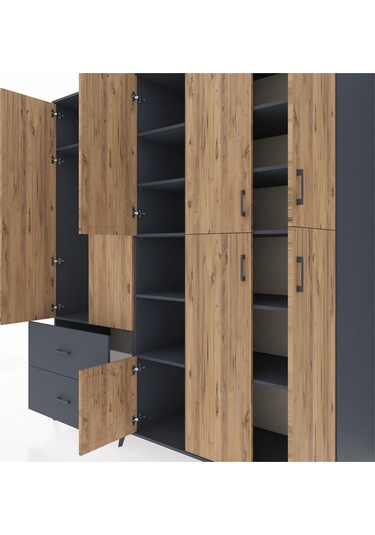 Kronos Dolap 12 Raflı 2 Çekmeceli Tek Askılı 220x59x243 Antrasit-çam/antrasit Atlas Çam/antrasıt