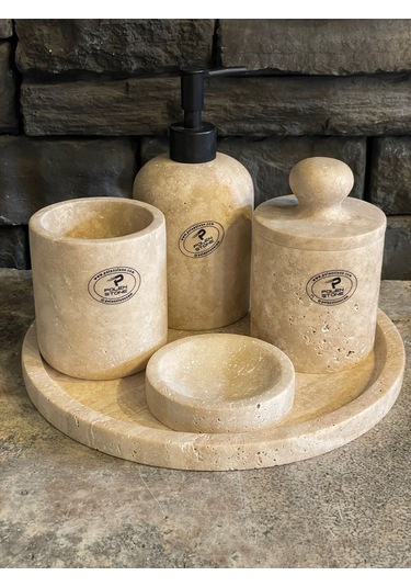 Bej Traverten Doğaltaş 5'li Banyo Seti Beyaz