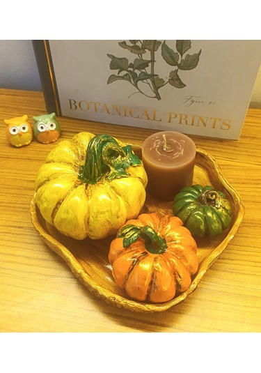 Kabak Figürlü Dekor Seti Doğal Masa Süsleri-kabak & Mum Seti-biblo Dekoratif Tepsili Set B. Boy Sarı Tepsili Set