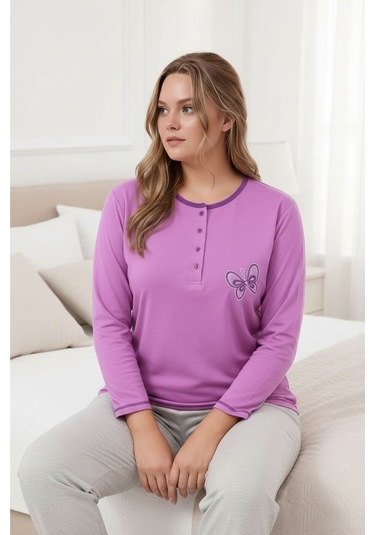Kadın Bisiklet Yaka Düğmeli Kelebek Nakışlı Uzun Kol Büyük Beden Pamuk Curve Gecelik mor