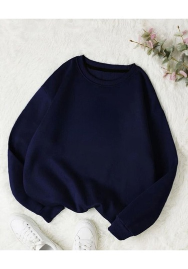 Baskısız Düz Sweatshirt - Lacivert Kalın Kışlık Şardonlu Uzun Kol Oversize Bisiklet Yaka Lacivert
