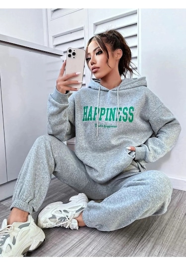 Meilifeng Kadın Gri Happiness Alt Üst Eşofman Takımı Oversize Kapüşonlu Gri