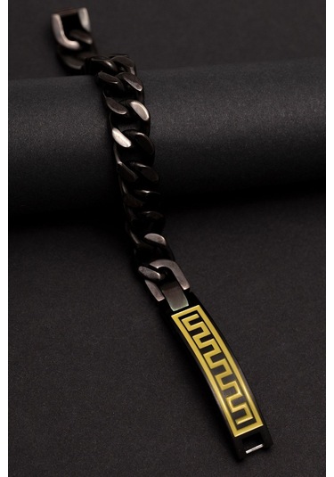 Erkek Çelik Bileklik - Kalın Siyah Grek Motifli Erkek Çelik Bileklik Çelik